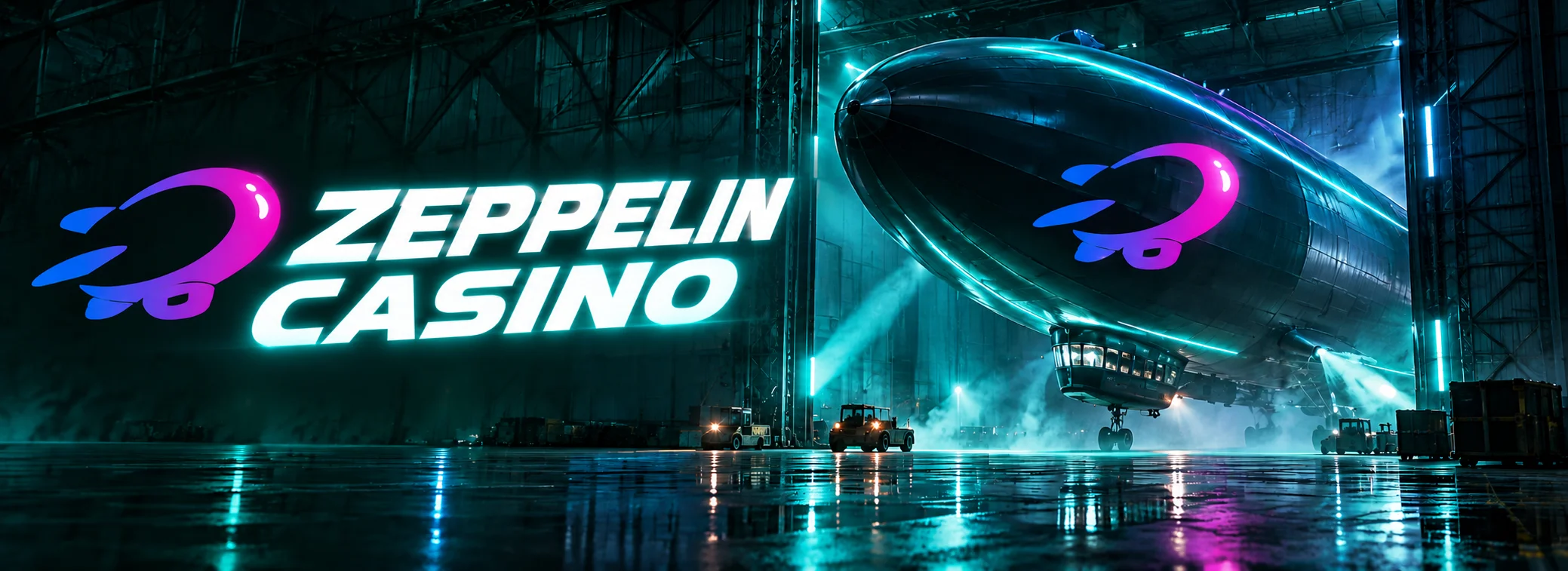 Zeppelin Casino: Luftschiff vor einem Hangar zur blauen Stunde in Petrol- und Minttönen, mit dem Schriftzug ZEPPELIN CASINO